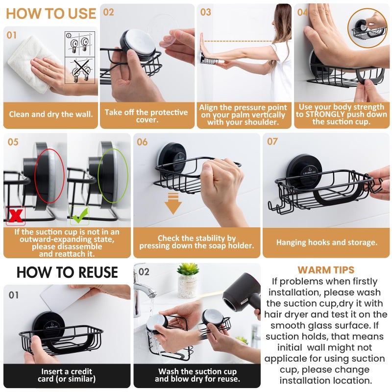 LEVERLOC Soap Holder Dish with Hooks for Shower  Bar Suction Cup Soap Tray Wall Mounted  Rustproof Stainless Steel Sponge Holder Caddy for Bathroom Bathtub Kitchen Sink  Black - Image 3